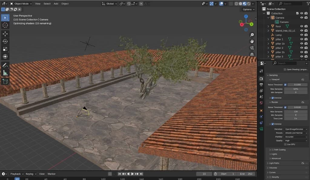 Blender viewport showing a 3D recreation of Nalanda University's courtyard with stone pillars and a central tree