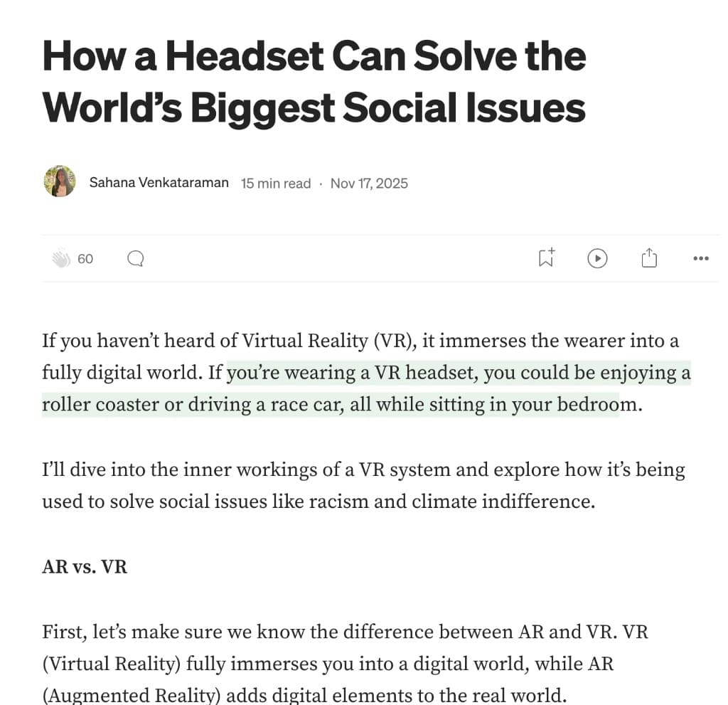 Medium article titled How a Headset Can Solve the World's Biggest Social Issues